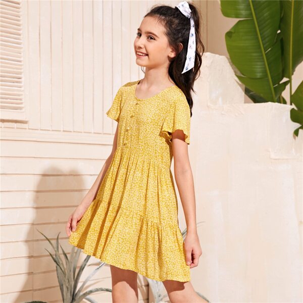 

Girls Flutter Sleeve Buttoned Front Ditsy Floral Dress, Yellow