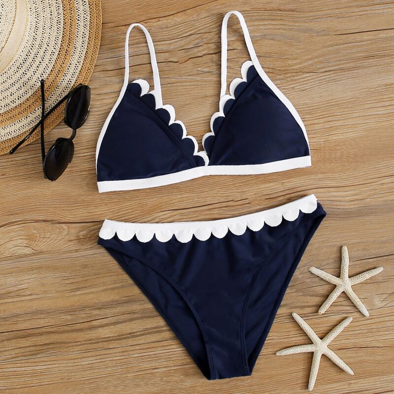 

Contrast Scallop Triangle Bikini Swimsuit, Navy