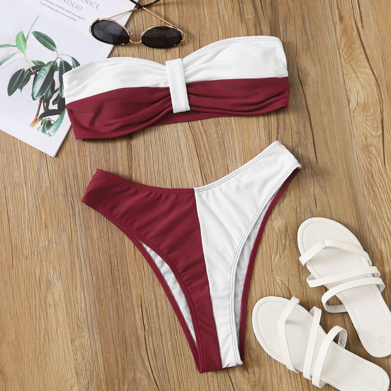 

Two Tone Bandeau High Cut Bikini Swimsuit, Multicolor
