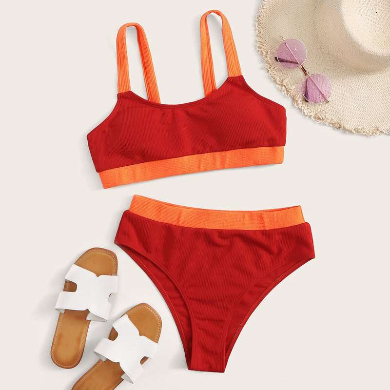 

Contrast Trim High Waisted Bikini Swimsuit, Red