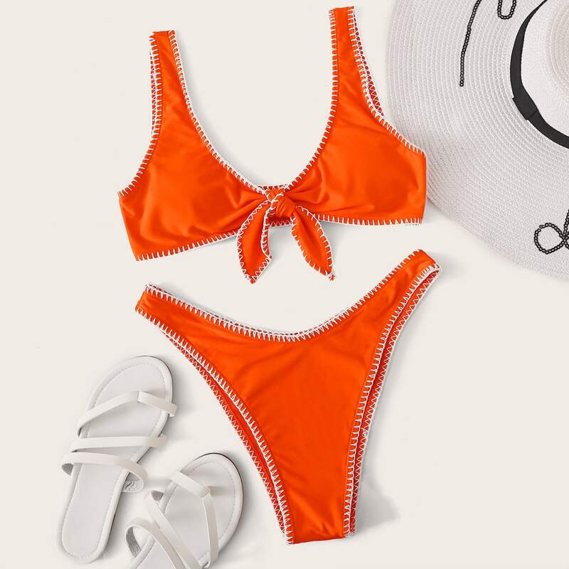 

Whip Stitch Knot Front High Cut Bikini Swimsuit, Orange bright