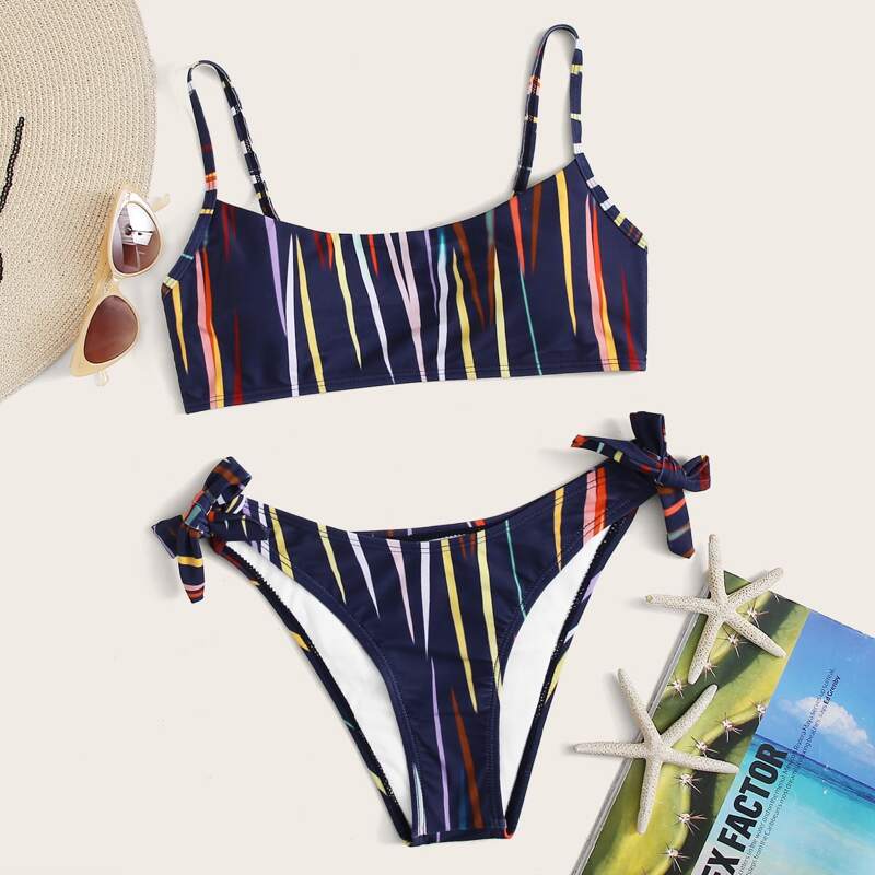 

Graphic Print Tie Side Bikini Swimsuit, Multicolor