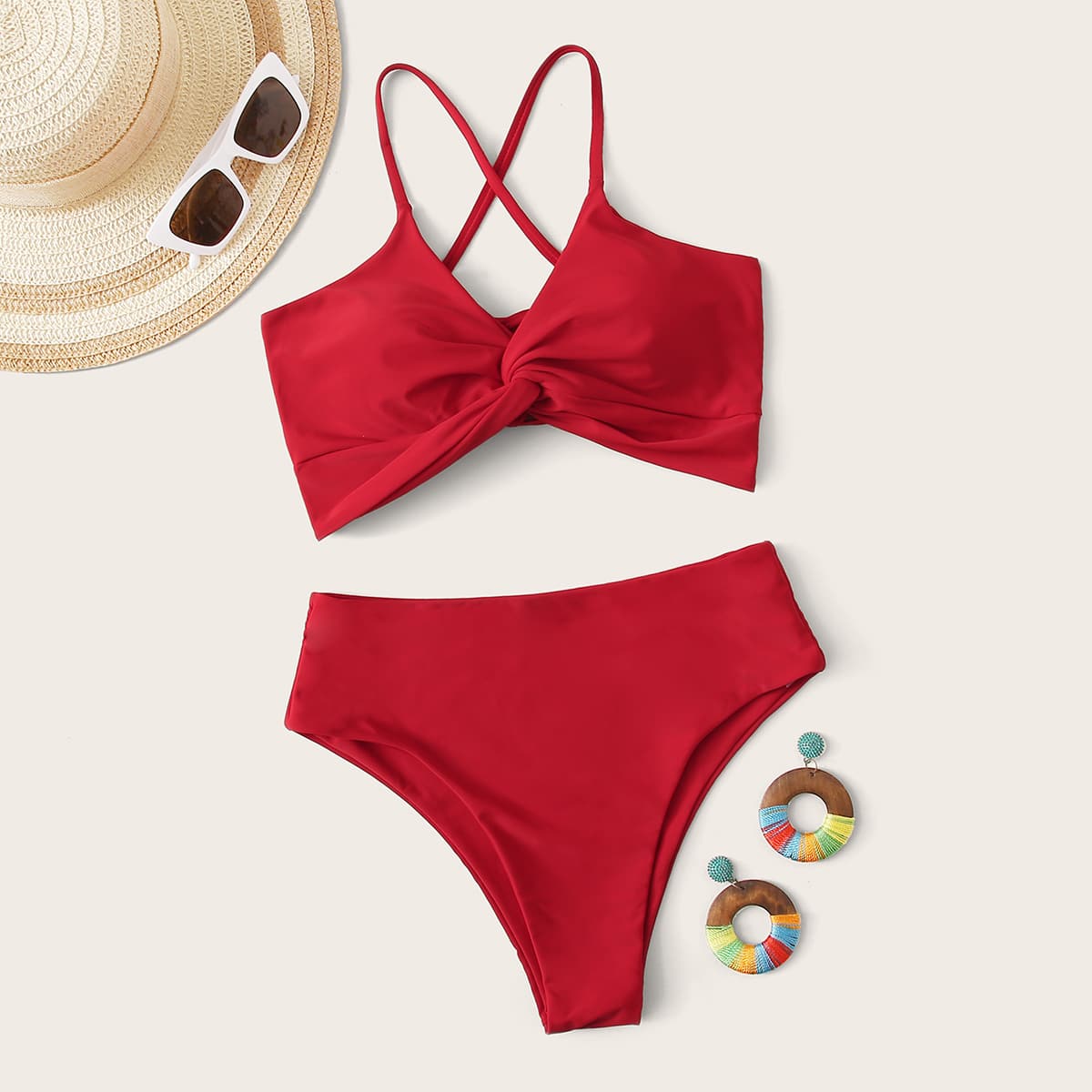 

Twist Criss Cross High Waisted Bikini Swimsuit, Red