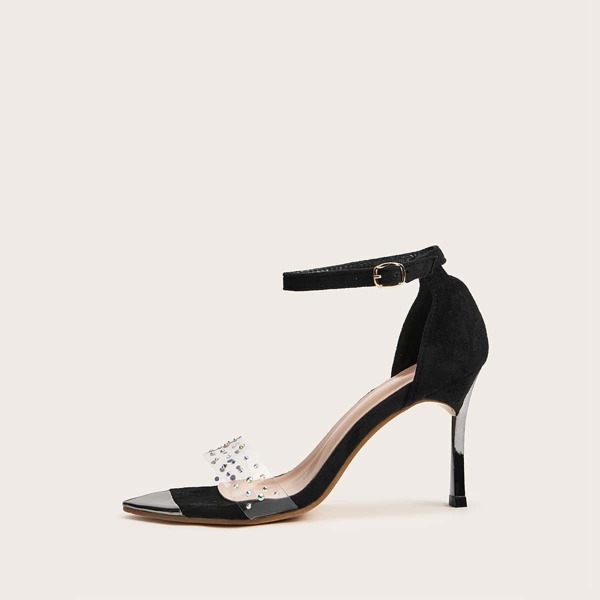

Rhinestone Decor Clear Stiletto Heels, Black