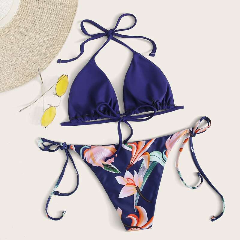 

Floral Halter Triangle Tie Side Bikini Swimsuit, Navy blue