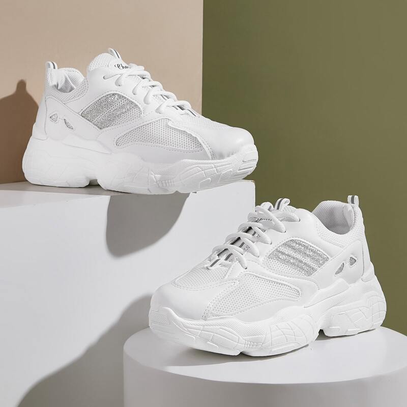 

Glitter Detail Mesh Chunky Sneakers, White