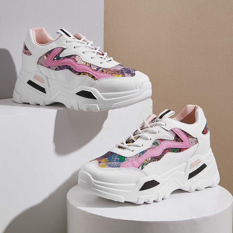 

Sequin & Glitter Detail Color-block Chunky Sneakers, Multicolor