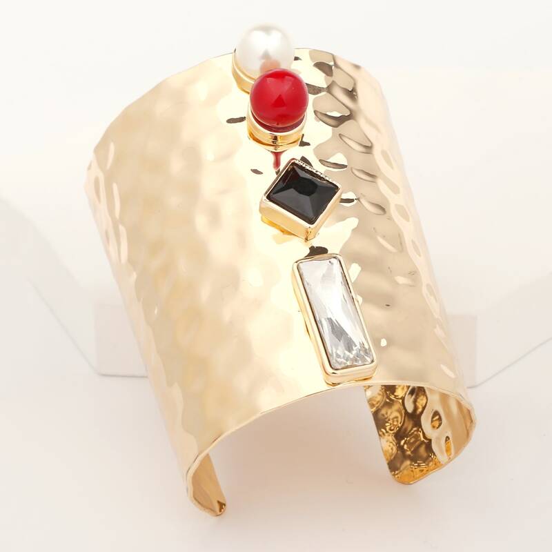 

1pc Gemstone Engraved Cuff Wide Bangle, Gold