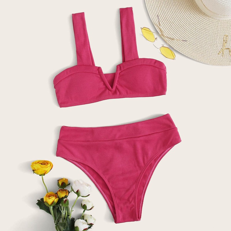 

V-wired Ribbed Bikini Swimsuit, Pink bright