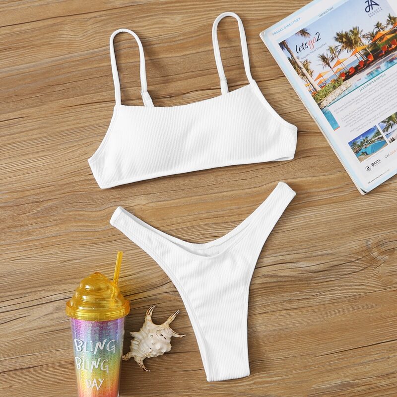 

Ribbed High Leg Bikini Swimsuit, White
