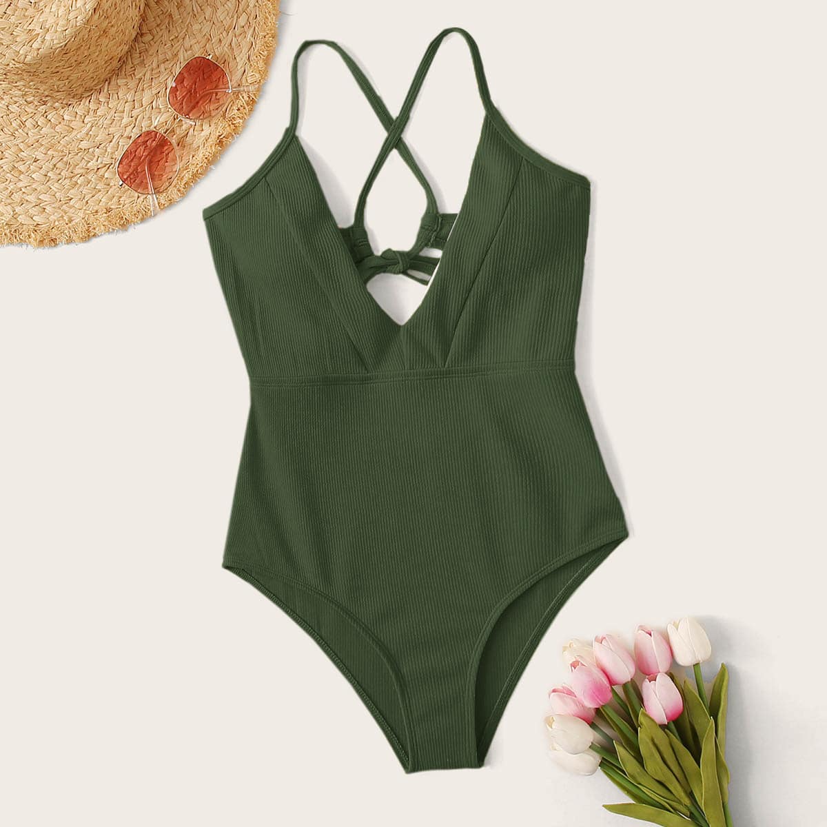 

Rib Tie Back One Piece Swimwear, Army green