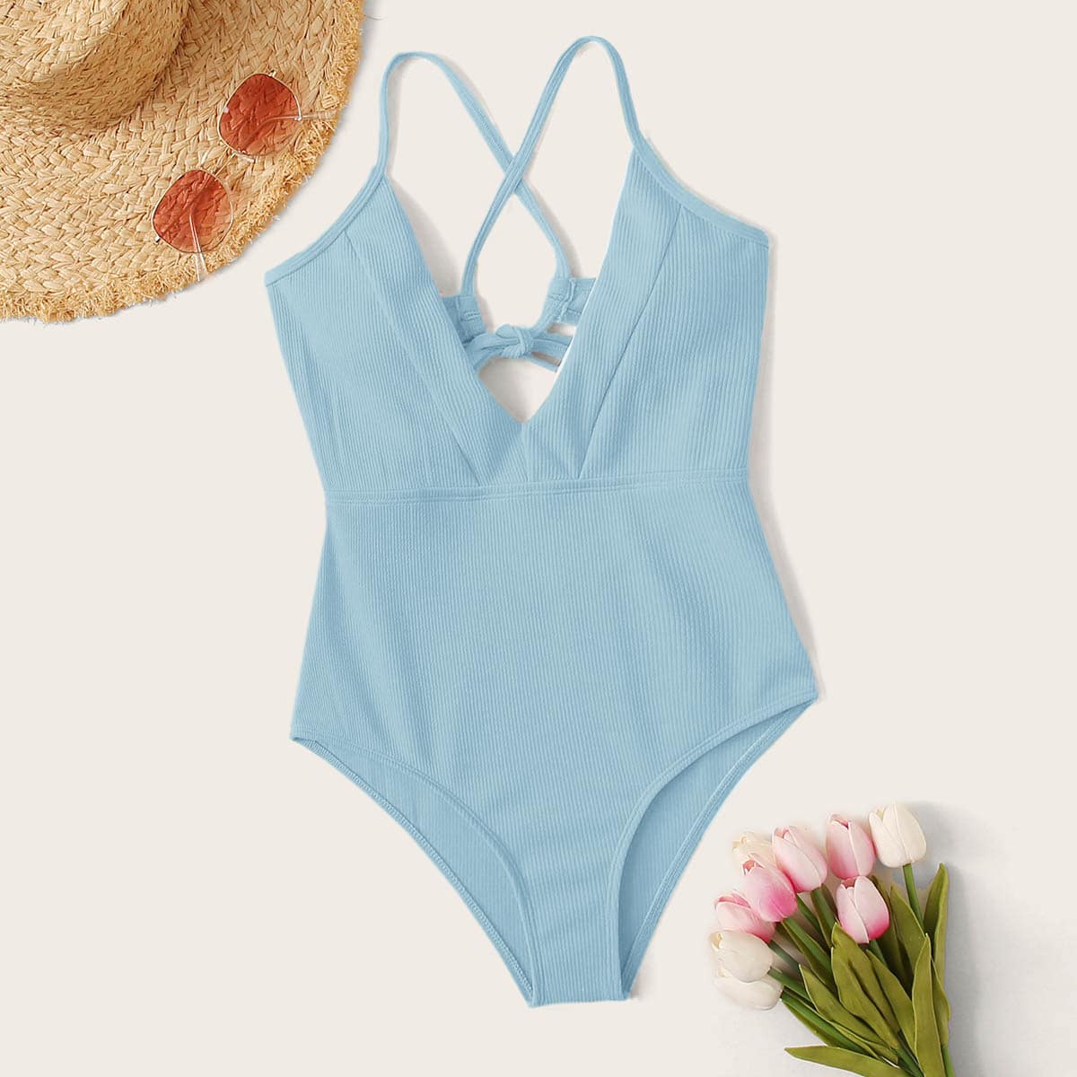 

Rib Tie Back One Piece Swimwear, Blue