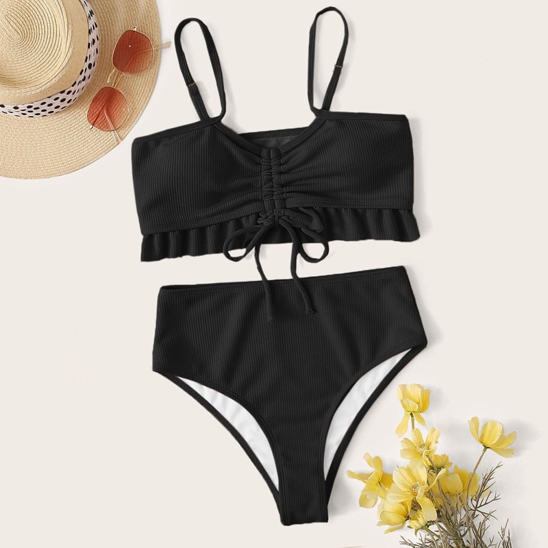 

Rib Drawstring Front High Waisted Bikini Swimsuit, Black