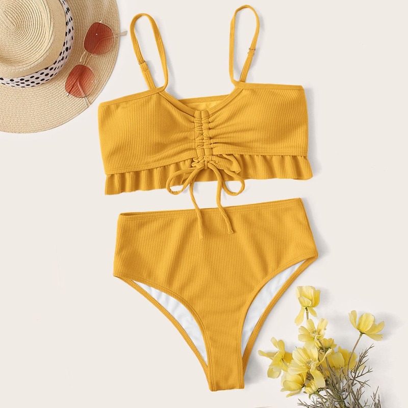 

Rib Drawstring Front High Waisted Bikini Swimsuit, Yellow