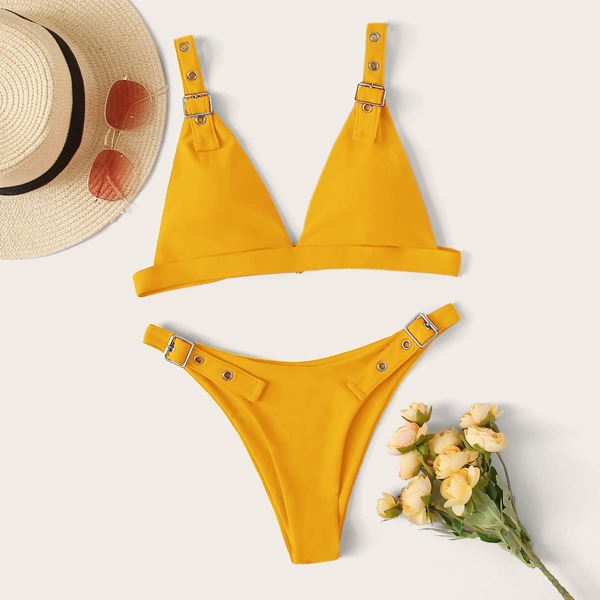 

Eyelet Buckle Triangle High Cut Bikini Swimsuit, Yellow