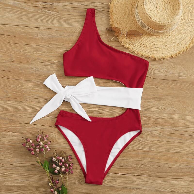 

Cut Out Tie Side One Shoulder One Piece Swimwear, Red