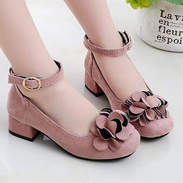 

Girls Floral Appliques Ankle Strap Flats, Pink