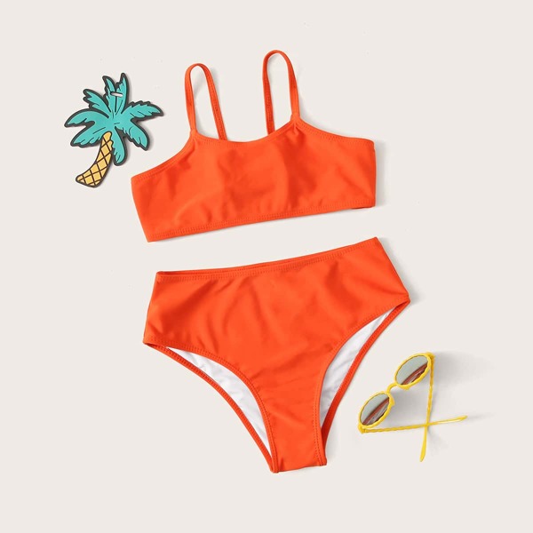 

Girls Plain High Waisted Bikini Swimsuit, Orange