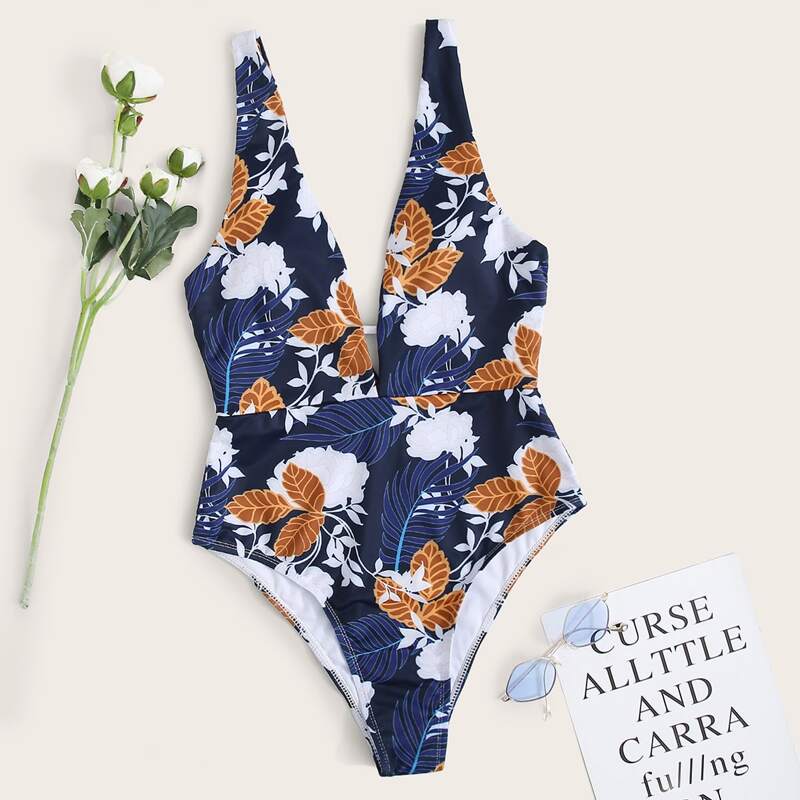 

Floral & Tropical Print Plunging One Piece Swimwear, Multicolor