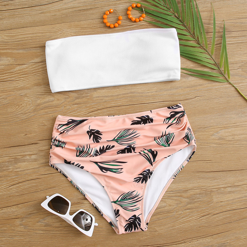 

Leaf Print Rib Bandeau High Waisted Bikini Swimsuit, Multicolor