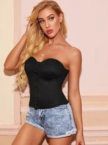 Shirred Back Buttoned Bustier Tube Top - Black - View 3