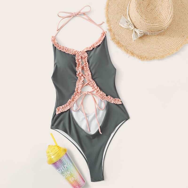 

Lace Up Front Frill Halter One Piece Swimwear, Grey