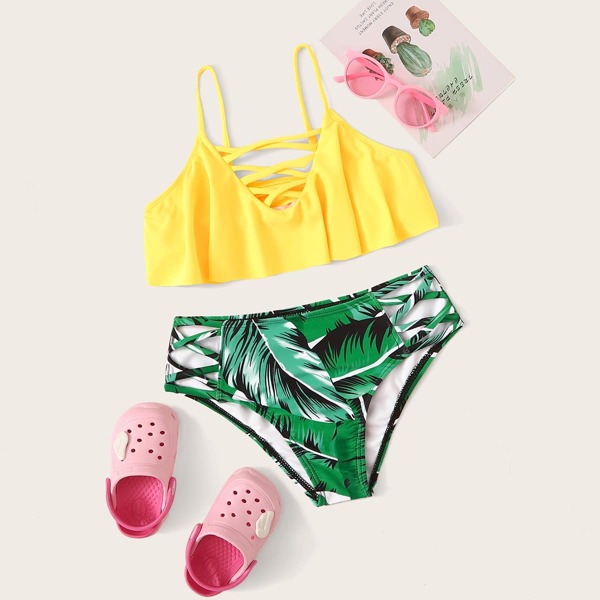 

Girls Tropical Criss Cross Flounce Bikini Swimsuit, Multicolor