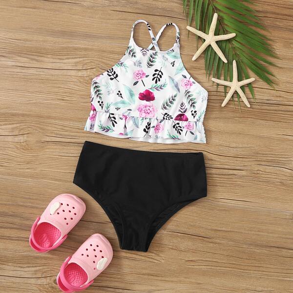 

Girls Floral Criss Cross Ruffle Hem Bikini Swimsuit, Multicolor