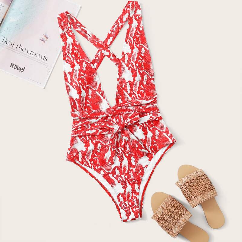 

Snakeskin Criss Cross Plunging One Piece Swimwear, Red