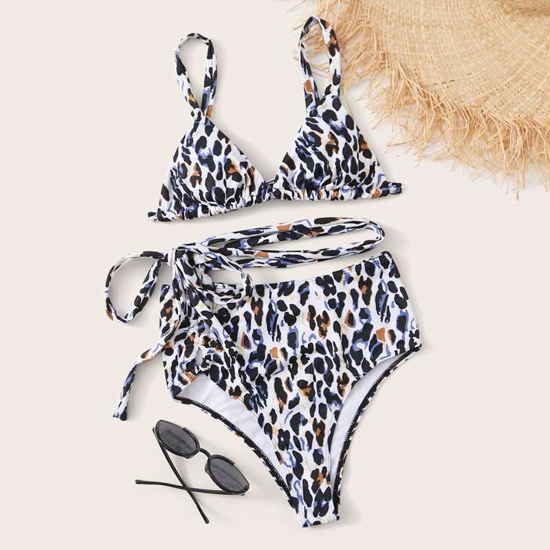 

Leopard Triangle High Waisted Bikini Swimsuit, Multicolor