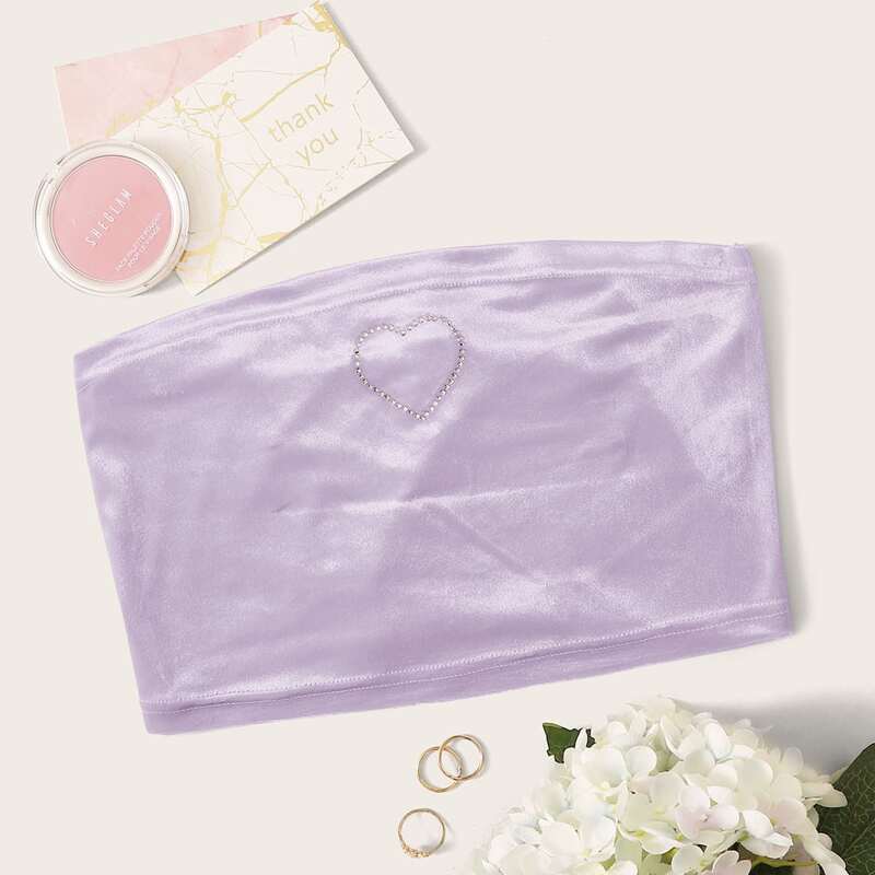 Rhinestone Heart Velvet Purple Bandeau, Purple pastel
