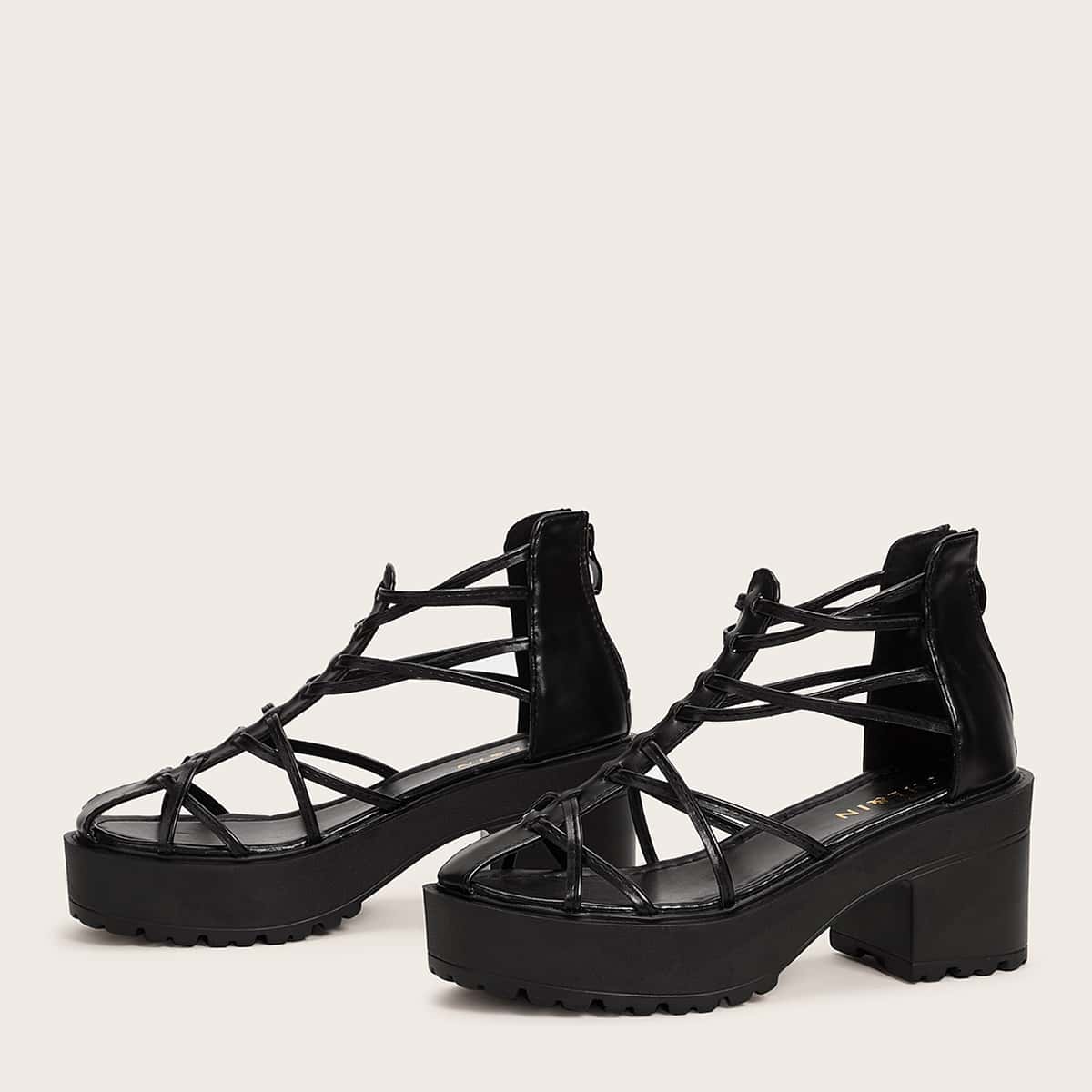 

Gladiator Back Zip Chunky Heels, Black