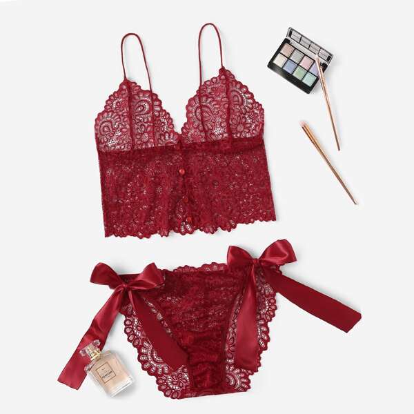 

Floral Lace Tie Side Lingerie Set, Burgundy