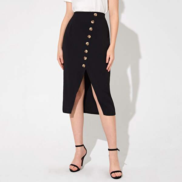 

Buttoned Front Notched Hem Skirt, Black