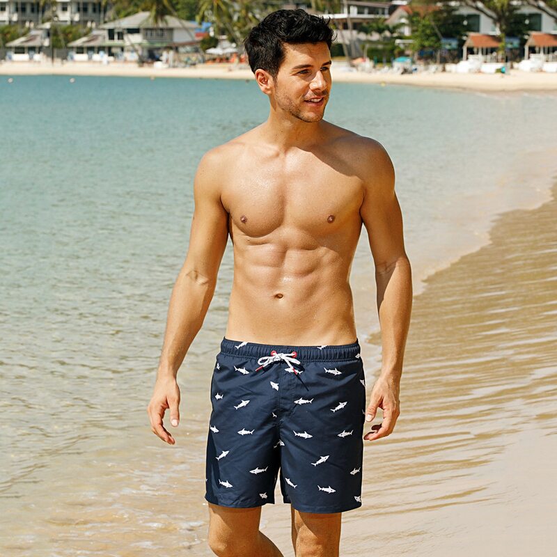 

Guys Fish Print Drawstring Swim Trunks, Navy blue