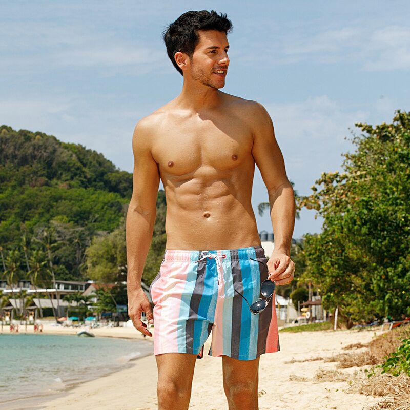 

Guys Multi-striped Drawstring Waist Swim Trunks, Multicolor