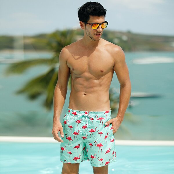 

Men Flamingo Print Swim Trunks, Green