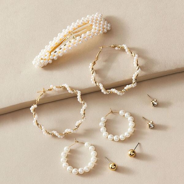 

4pairs Rhinestone Decor Faux Pearl Decor Earrings & Snap Clip, White