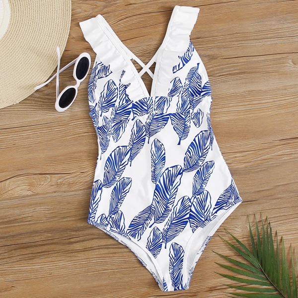 

Leaf Print Ruffle One Piece Swimwear, Multicolor