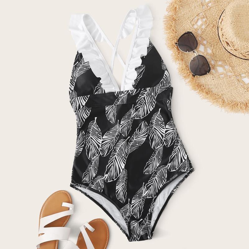

Leaf Print Ruffle One Piece Swimwear, Black