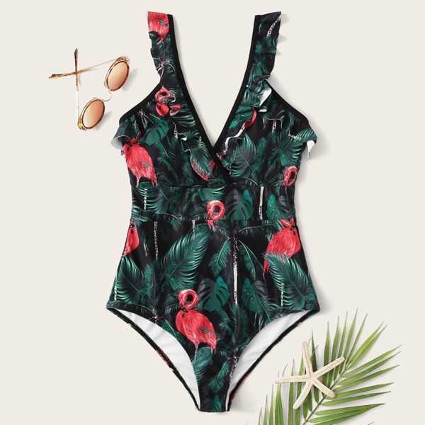 

Tropical & Flamingo Print Ruffle One Piece Swimwear, Multicolor