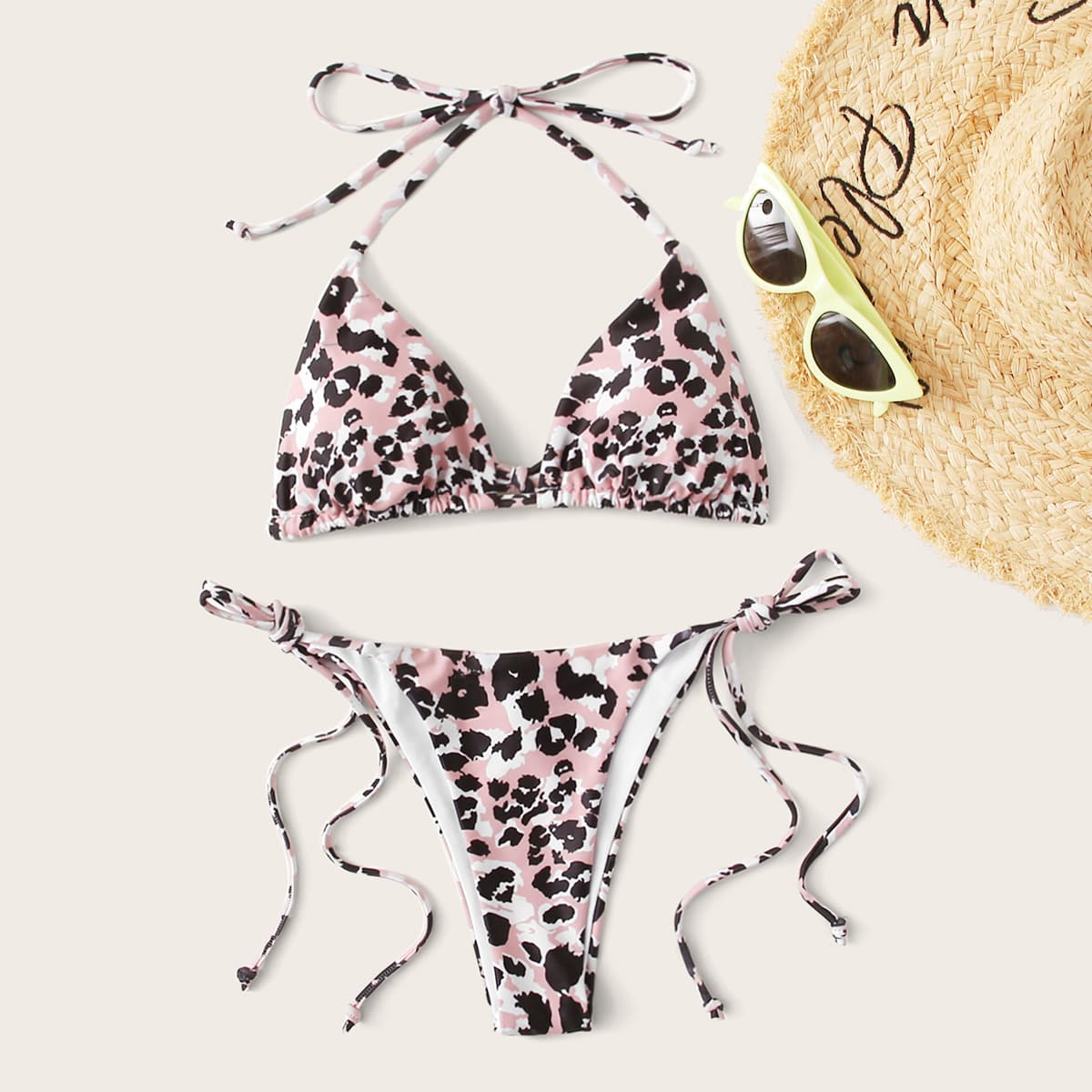 

Leopard Triangle Tie Side Bikini Swimsuit, Multicolor