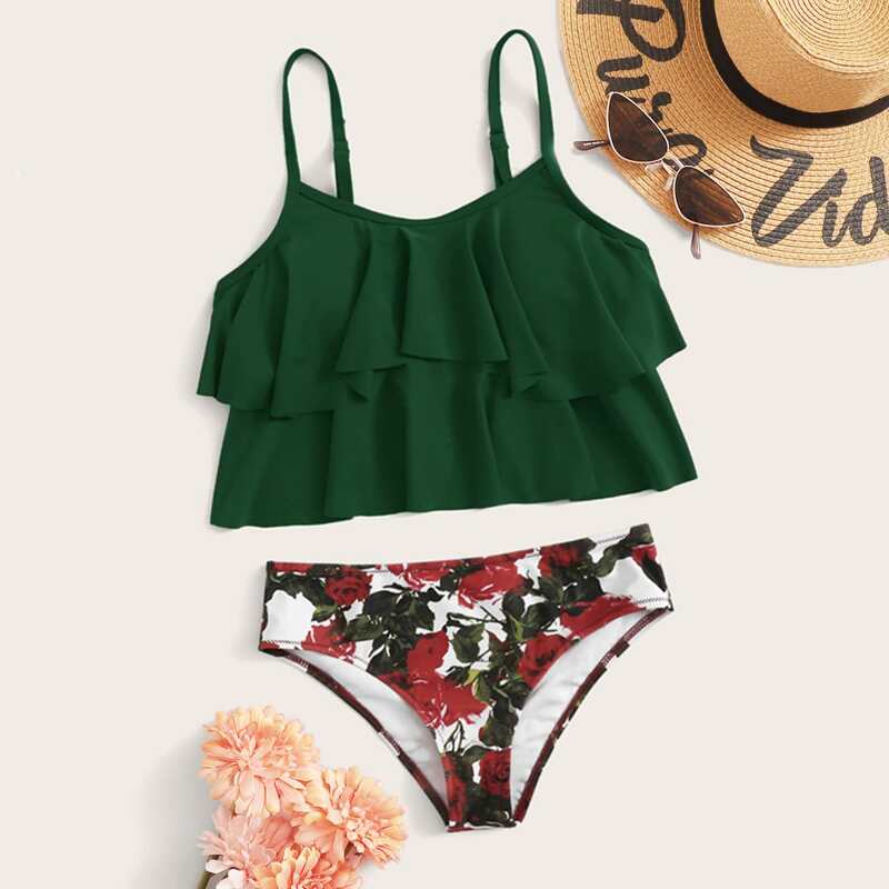 

Floral Tiered Layer Bikini Swimsuit, Green