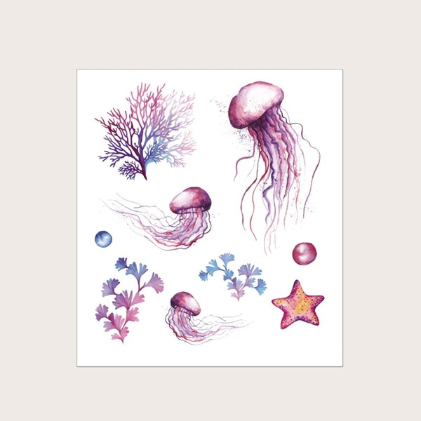 

Jellyfish & Starfish Pattern Tattoo Sticker, Multicolor