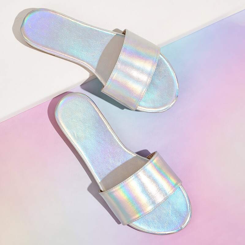 

Holographic Open Toe Sliders, Silver