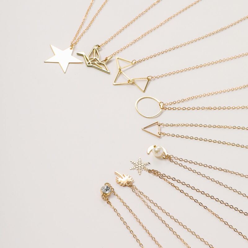 

9pcs Star & Geometric Charm Necklace, Gold