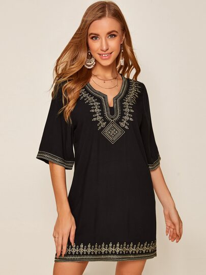Aztec Embroidery Notched Neck Tunic Dress