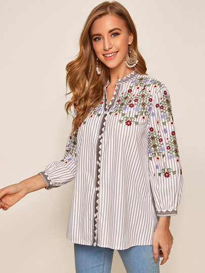 Striped Embroidery Notch Neck Blouse