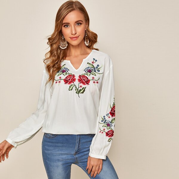 

Floral Embroidery Notch Neck Blouse, White
