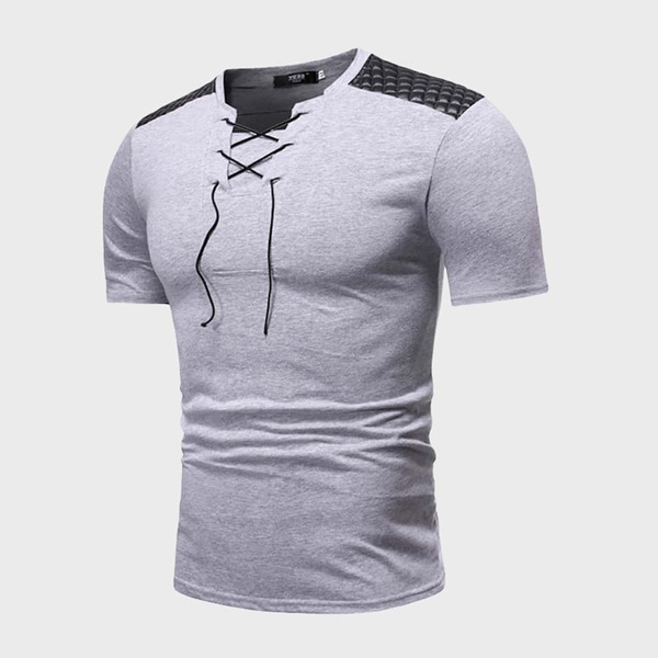 

Men Contrast PU Panel Lace Up Front Tee, Grey